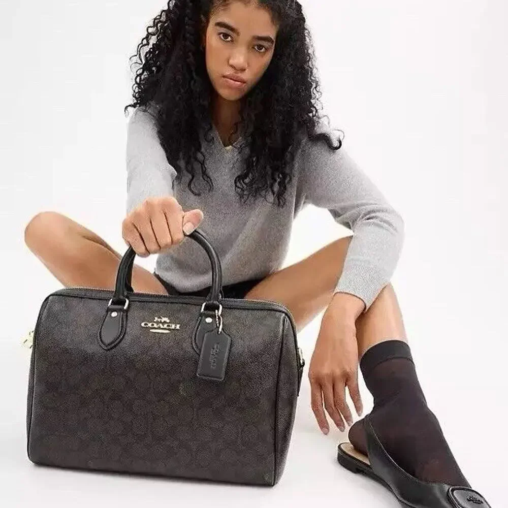 NWT Coach Rowan Large Satchel Bag In Signature Canvas CV959 Gold/Walnut /Black - Picture 5 of 9